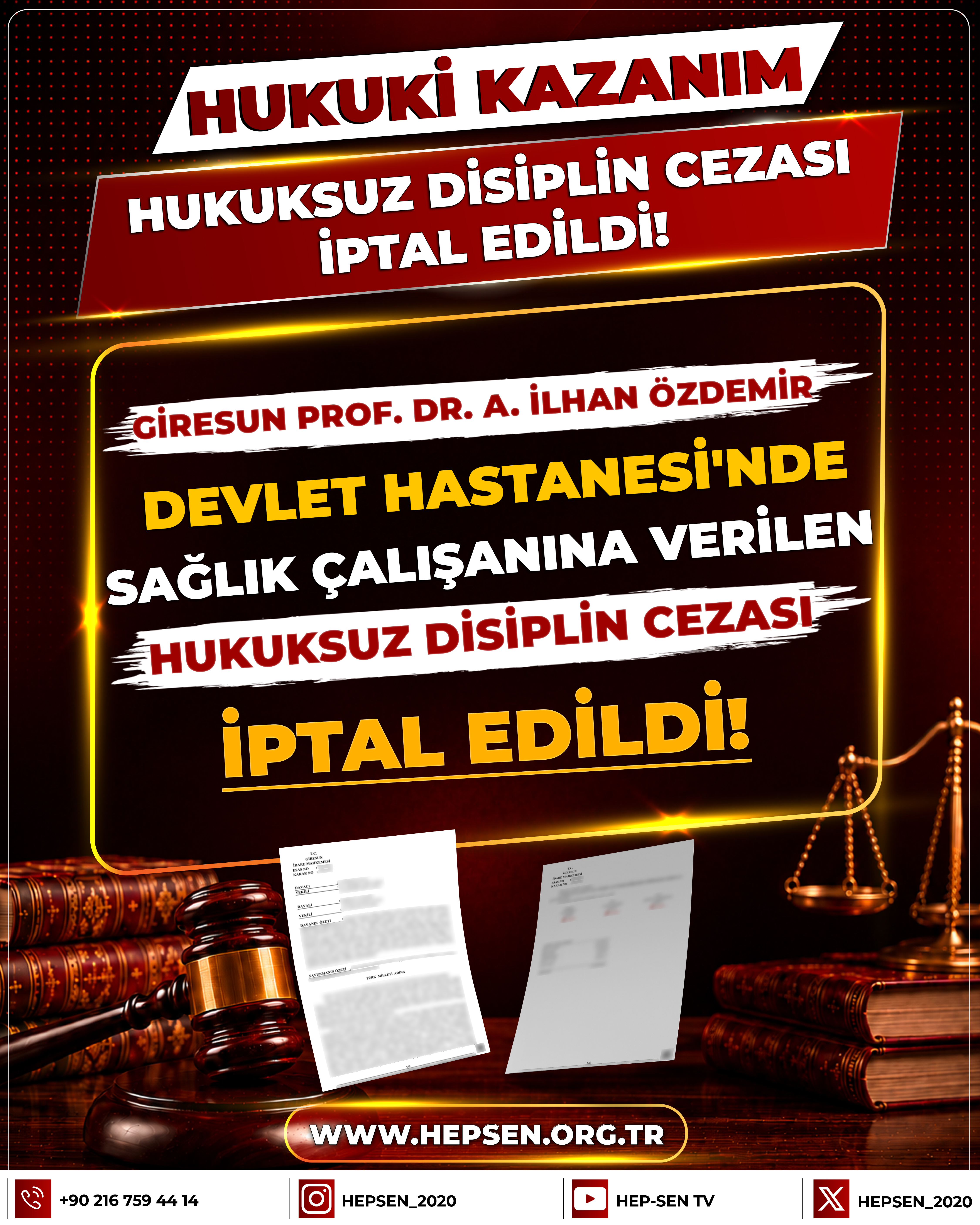 Giresun Prof. Dr. A. İlhan Özdemir Devlet Hastanesi'nde Sağlık Çalışanına Verilen Hukuksuz Disiplin Cezası İptal Edildi